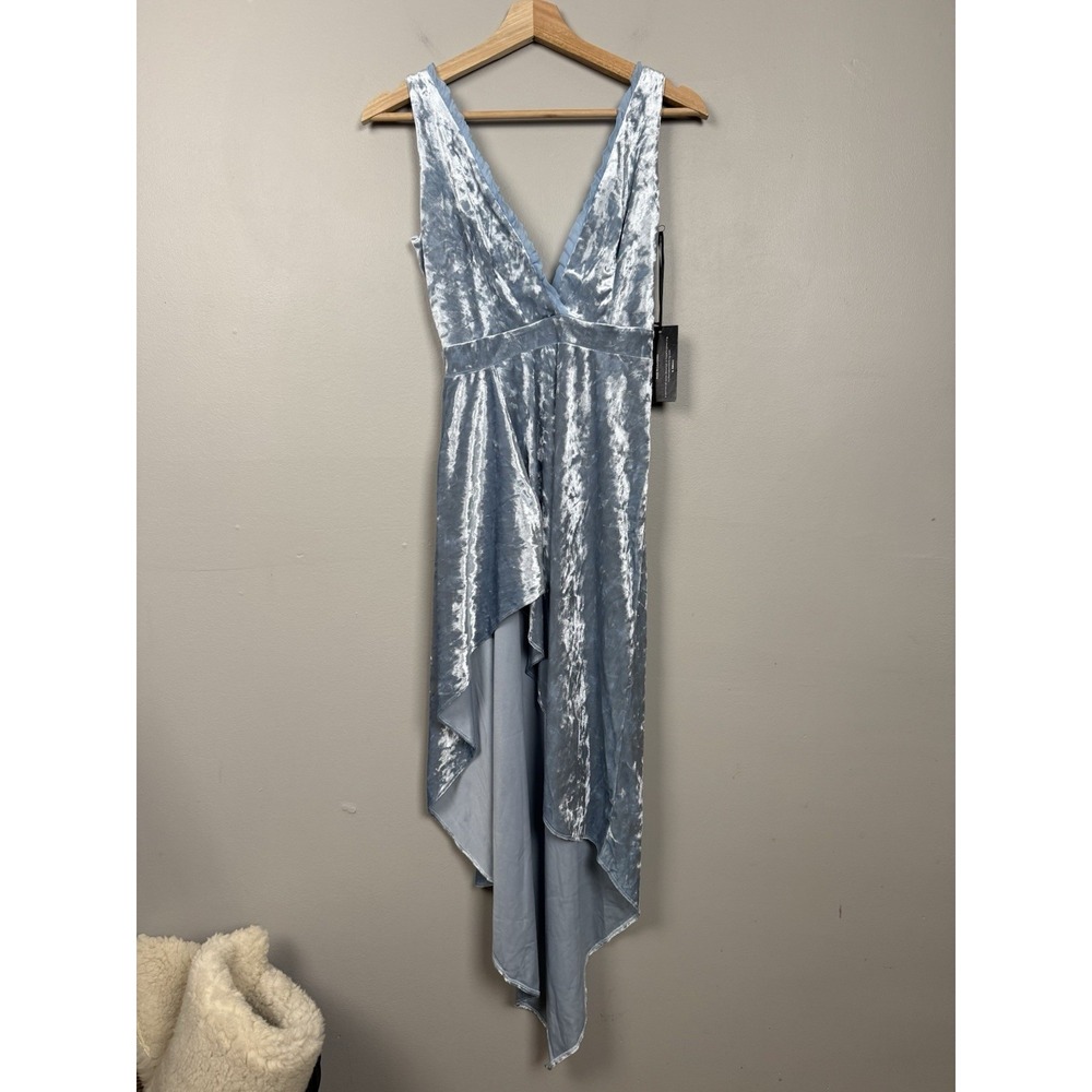 Truth‎ + Wisdom Baby Blue Velvet Silk Dress V-Neck Asymmetrical Midi Bow Back XS